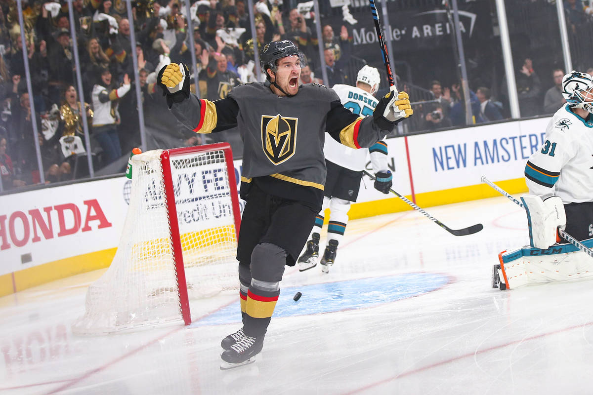 Golden Knights right wing Mark Stone (61) celebrates a goal by left wing Max Pacioretty, not pi ...