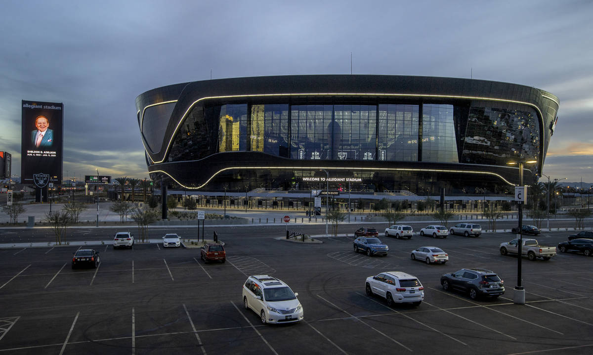 Tribute to Sheldon Adelson on the marquee at Allegiant Stadium on Tuesday, Jan. 12, 2021, in La ...