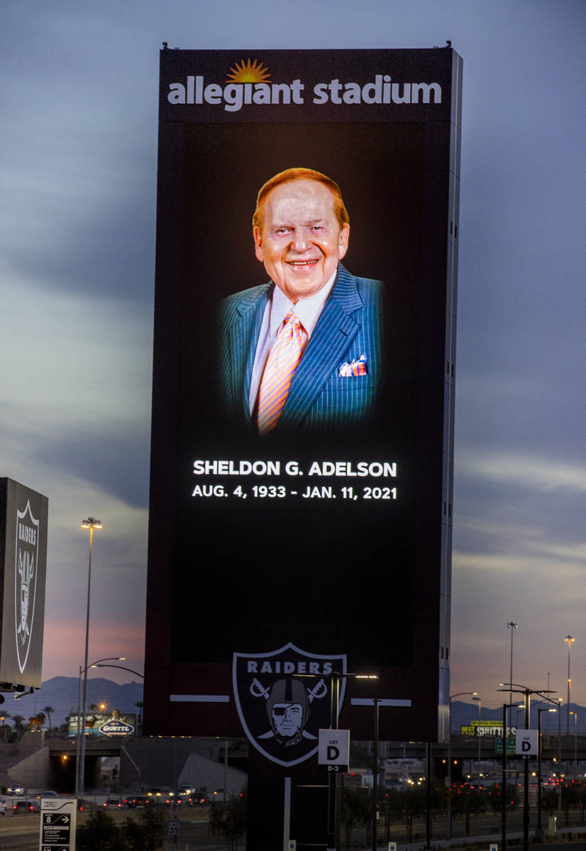 Tribute to Sheldon Adelson on the marquee at Allegiant Stadium on Tuesday, Jan. 12, 2021, in La ...