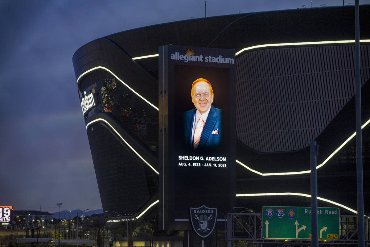 Tribute to Sheldon Adelson on the marquee at Allegiant Stadium on Tuesday, Jan. 12, 2021, in La ...