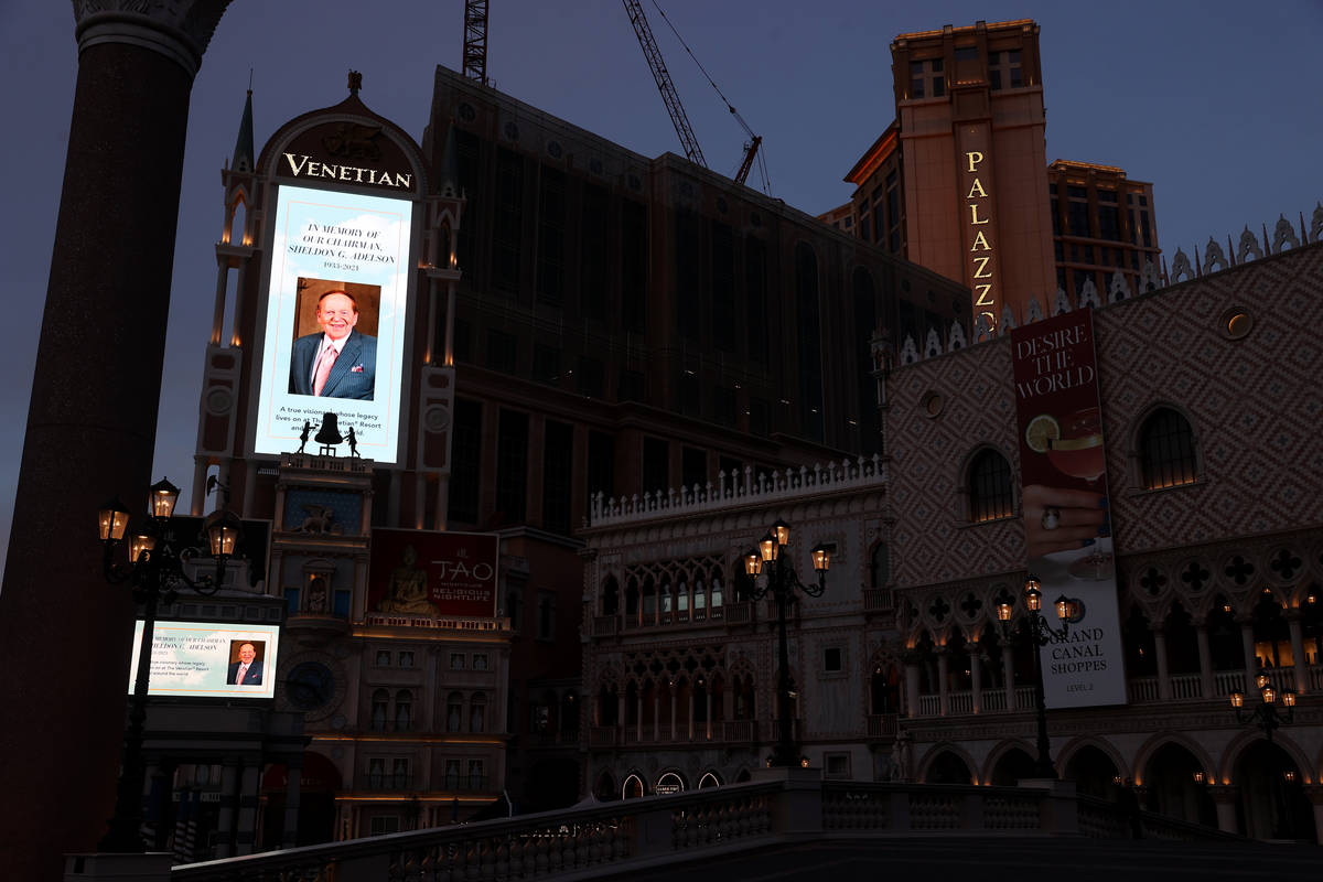 Sheldon Adelson, the late CEO of Las Vegas Sands Corp., is honored on the marquee at The Veneti ...