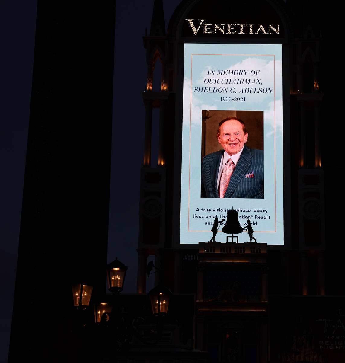 Sheldon Adelson, the late CEO of Las Vegas Sands Corp., is honored on the marquee at The Veneti ...