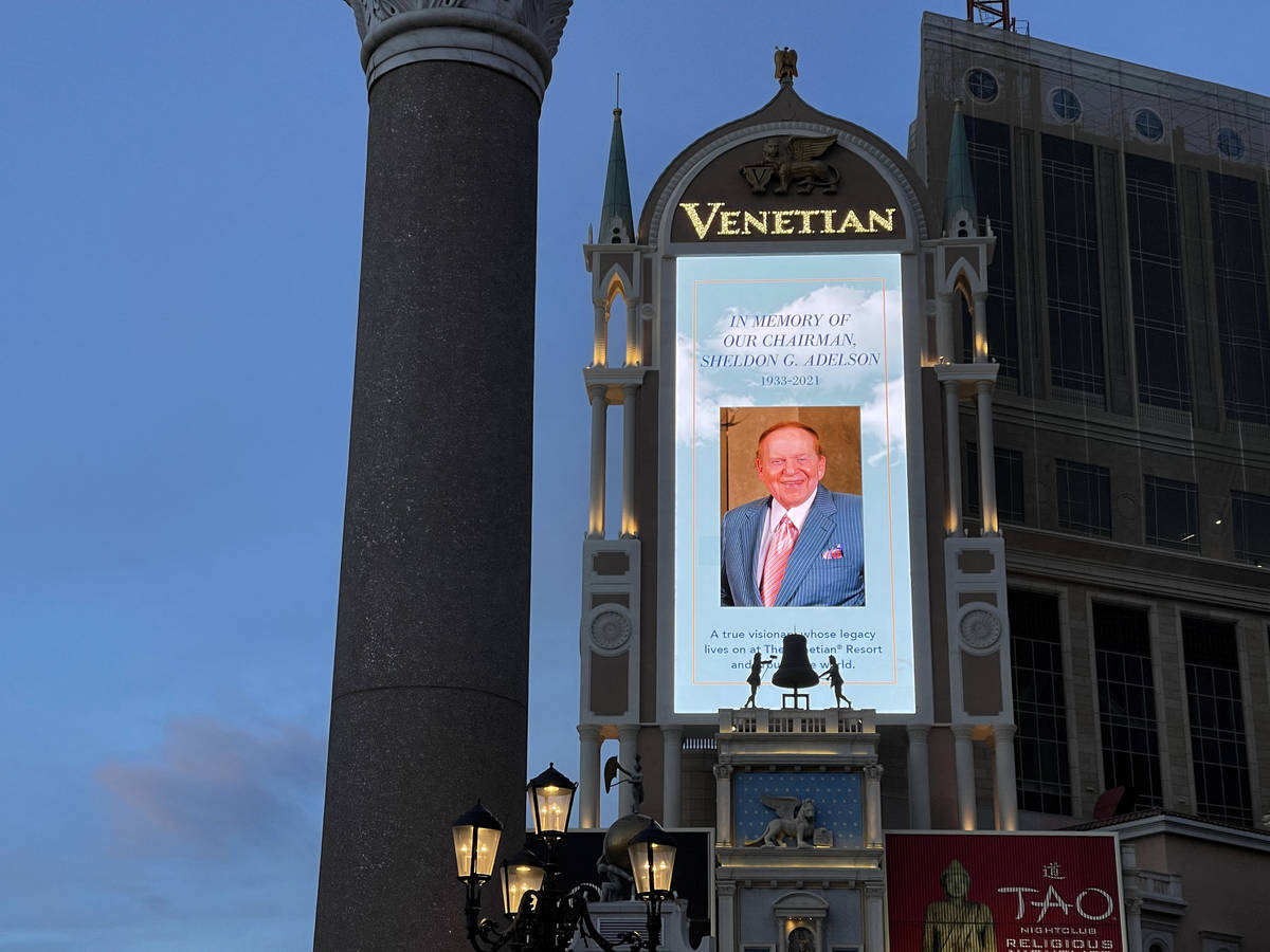 Sheldon Adelson, the late CEO of Las Vegas Sands Corp., is honored on the marquee at The Veneti ...