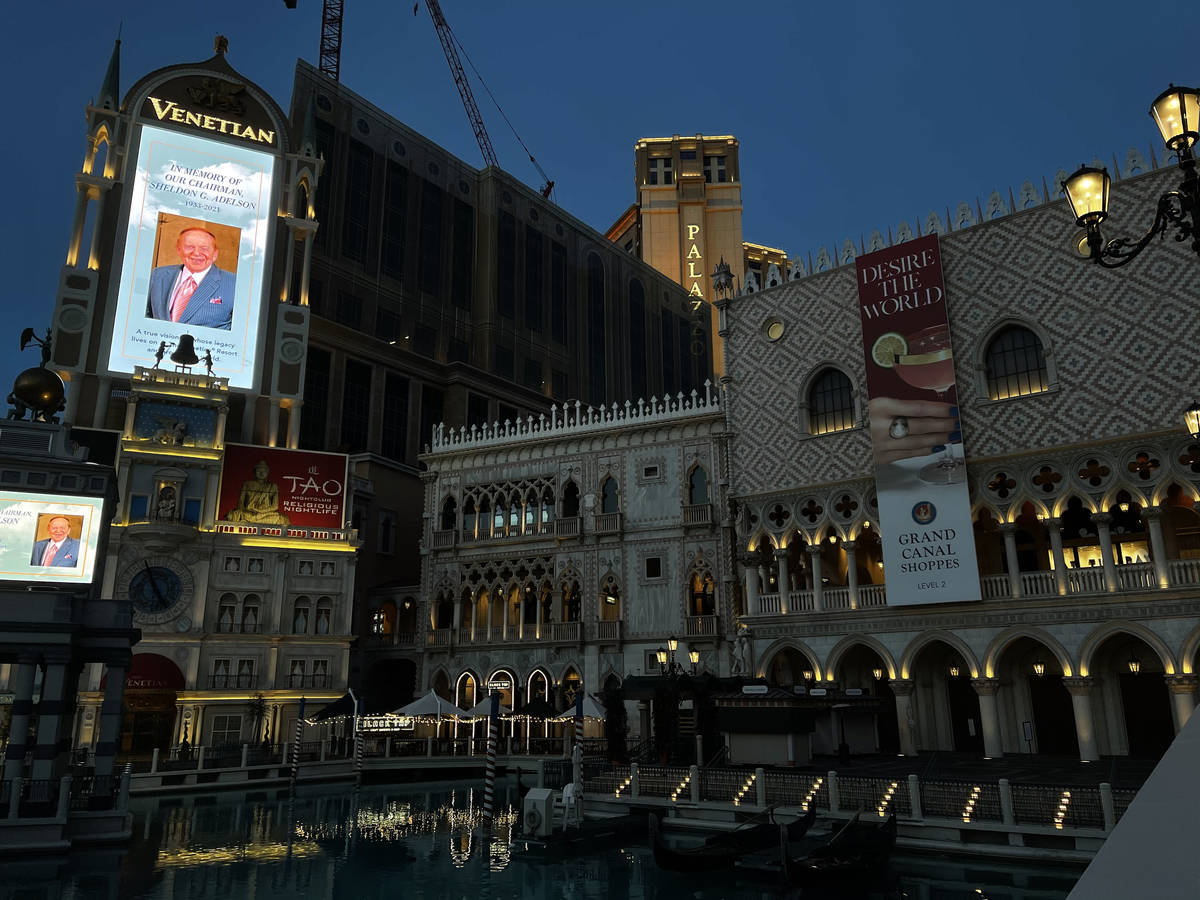 Sheldon Adelson, the late CEO of Las Vegas Sands Corp., is honored on the marquee at The Veneti ...