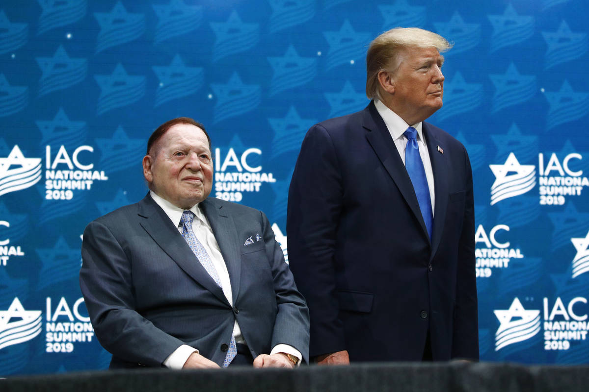 FILE - In this Dec. 7, 2019 file photo, President Donald Trump stands alongside Las Vegas Sands ...