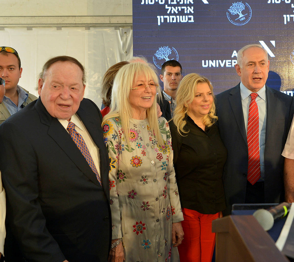 From left, Sheldon Adelson, Mariam Adelson, Sara Netanyahu, Benjamin Netanyahu (Photo by Yossi ...