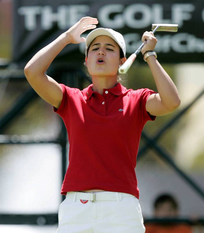 Lorena Ochoa of Mexico reacts after missing a birdie put on the 11th green at the LPGA Takefuji ...