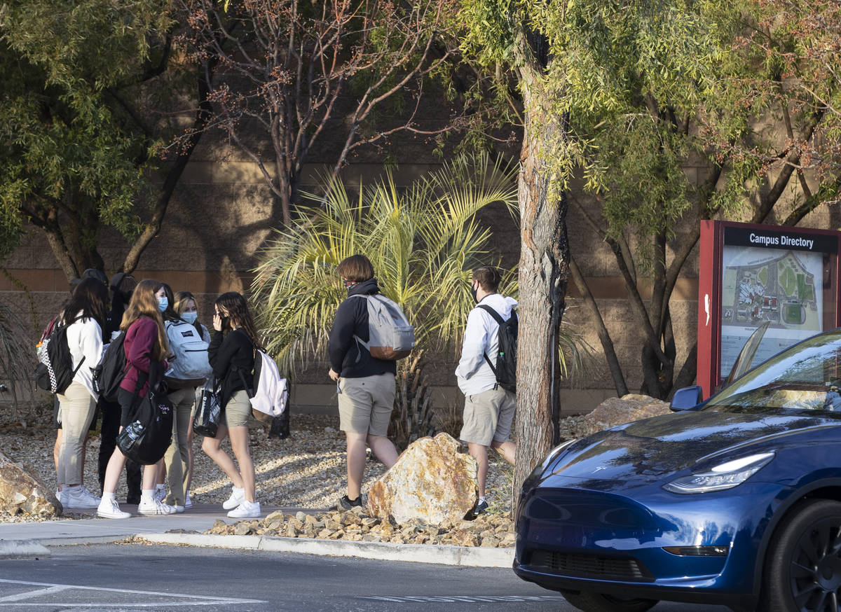Faith Lutheran Middle School and High School students are seen after being dropped off, on Wedn ...