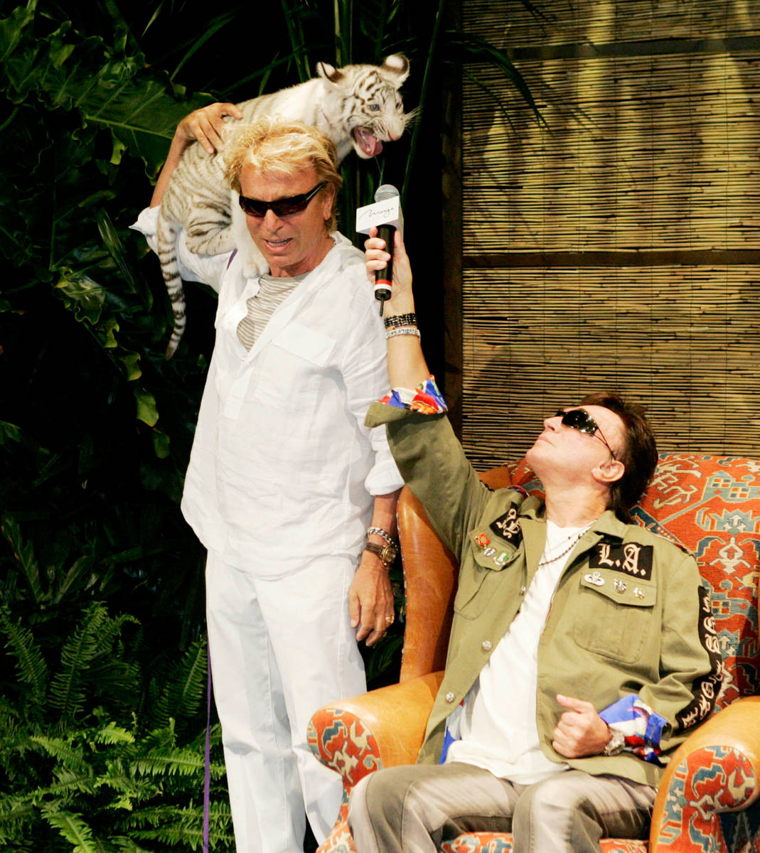In this July 23, 2008, file photo, Siegfried Fischbacher, left, holds "Star," a12-wee ...