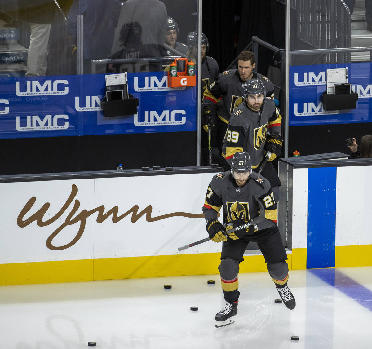 Golden Knights players take the ice during the warm ups of an NHL season-opening game versus th ...