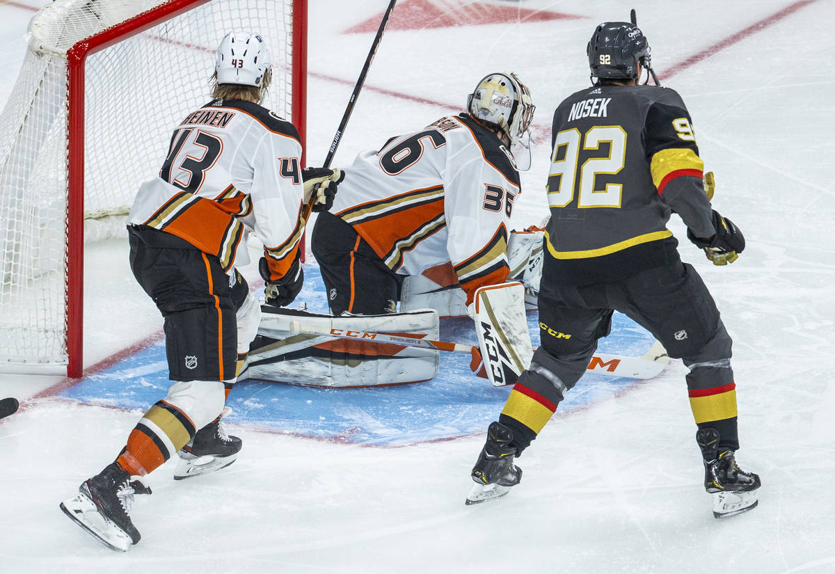 Golden Knights right wing Tomas Nosek (92) scores on Anaheim Ducks goaltender John Gibson (36) ...