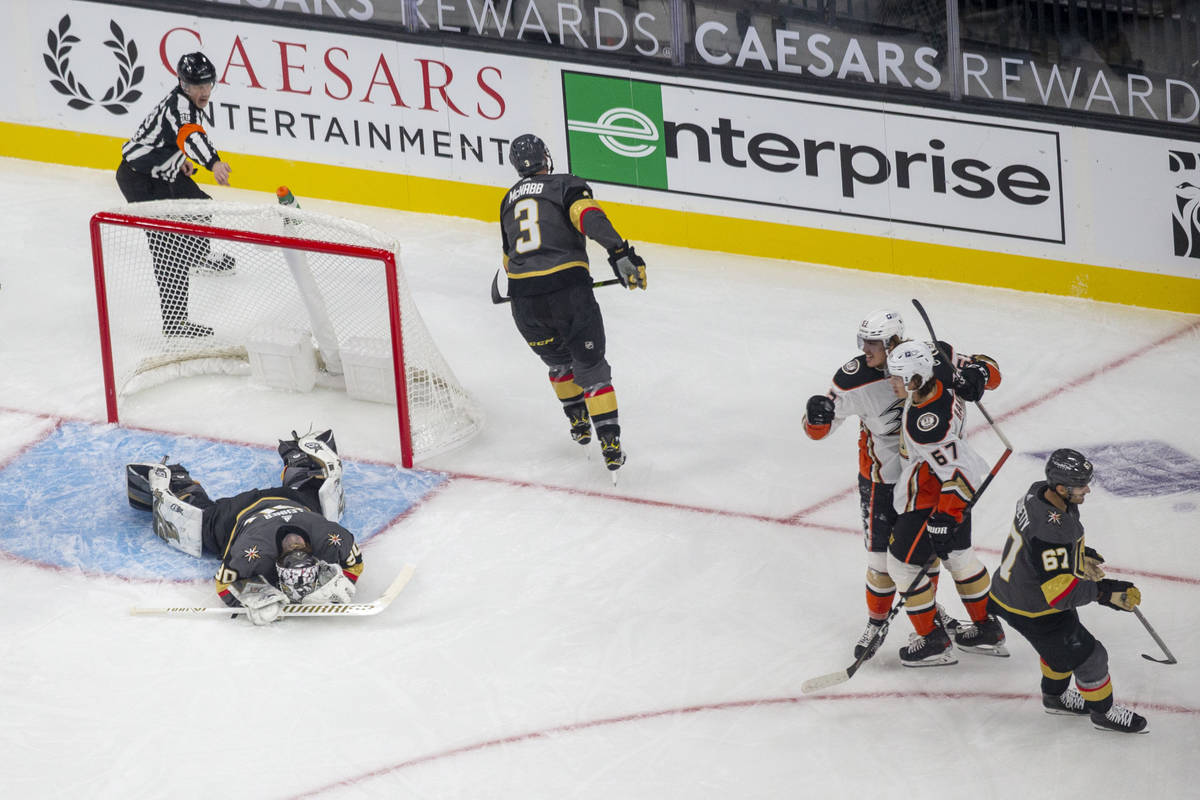 Vegas Golden Knights goaltender Robin Lehner (90) reacts by laying out on the ice after Anaheim ...