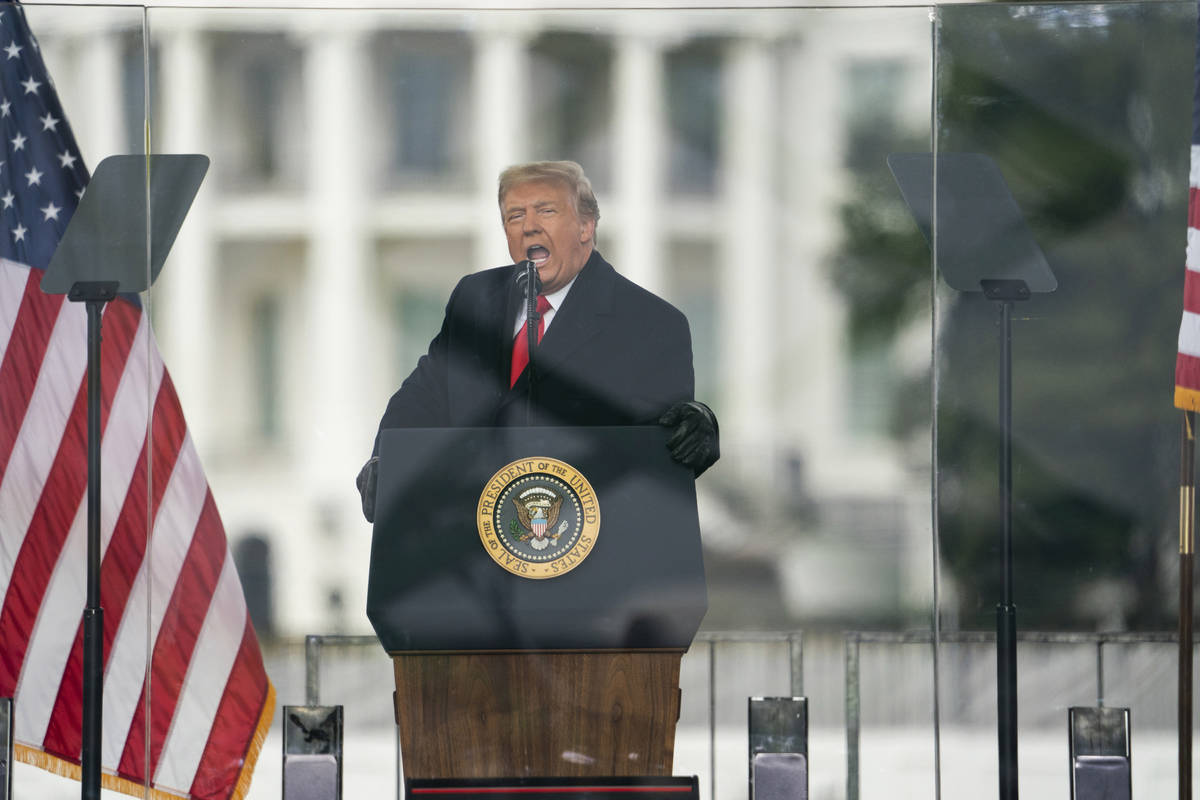President Donald Trump speaks during a rally protesting the electoral college certification of ...
