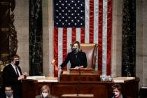 Speaker of the House Nancy Pelosi, D-Calif., gavels in the final vote of the impeachment of Pre ...
