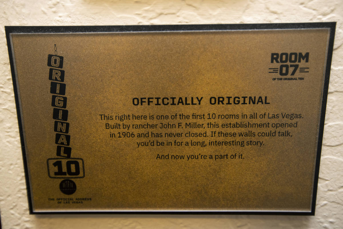 A plaque outside one of the original rooms at Golden Gate hotel-casino, formerly known as Hotel ...