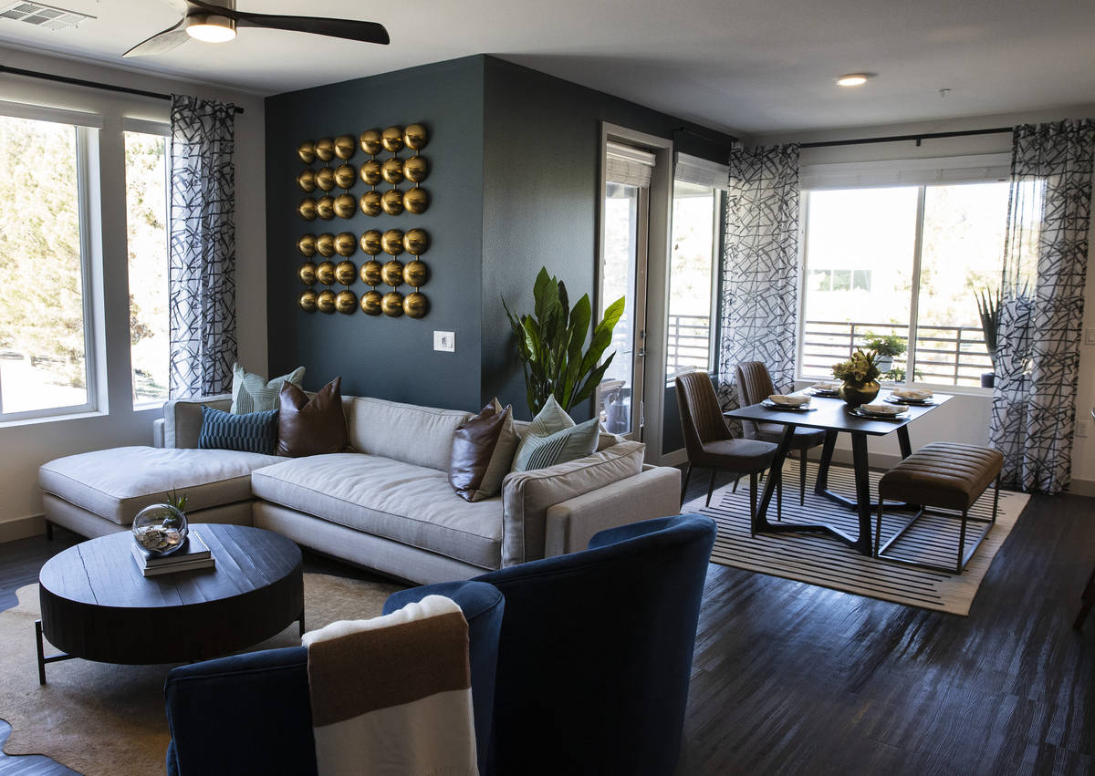 A living room at Elysian at Hughes Center, an apartment complex inside the Hughes Center office ...