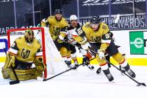 Golden Knights left wing Tomas Nosek (92) skates with the puck during the first period of an NH ...