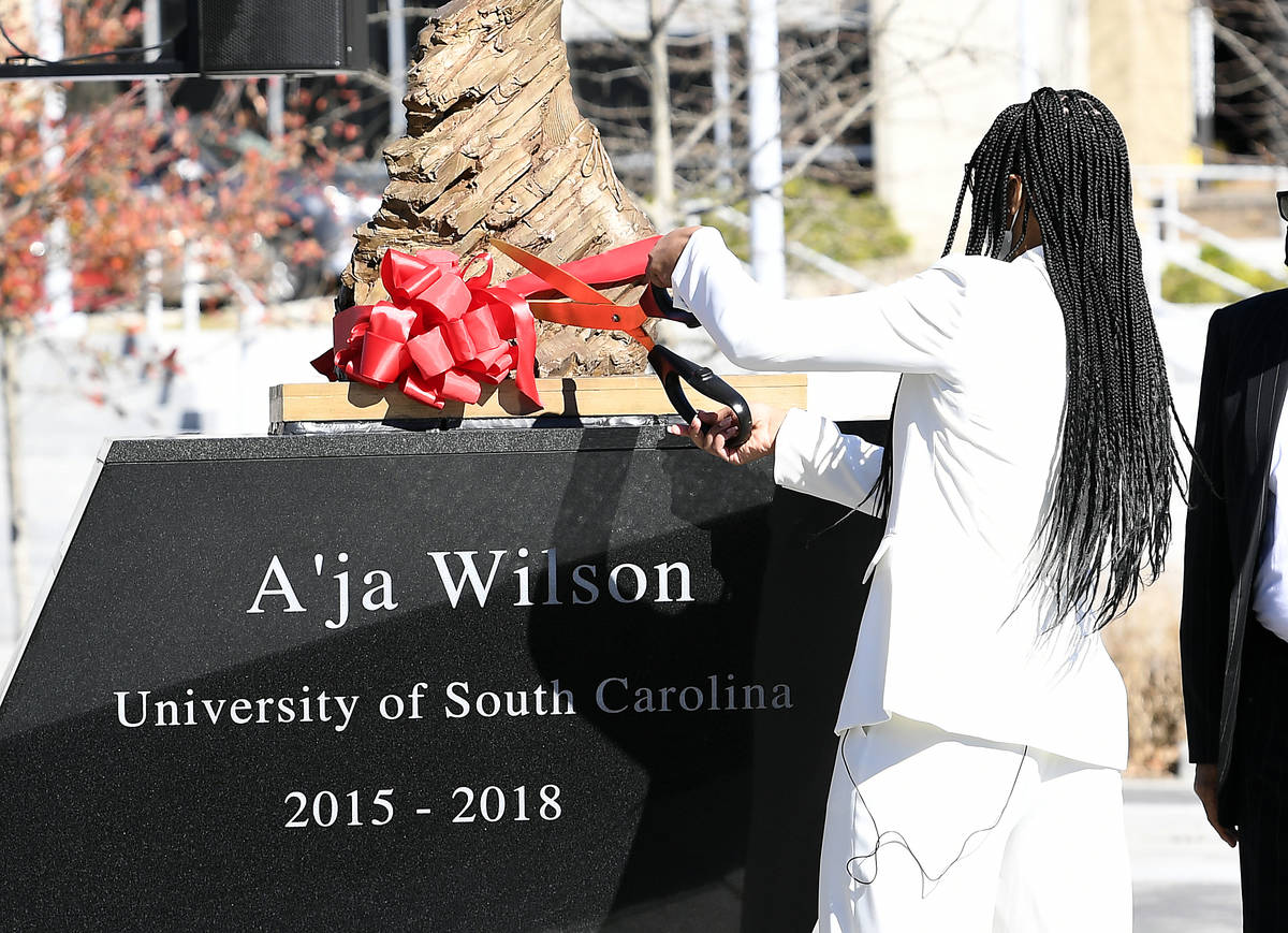 Aces star A’ja Wilson had a bronze sculpture of her unveiled in a ceremony Monday at South Ca ...