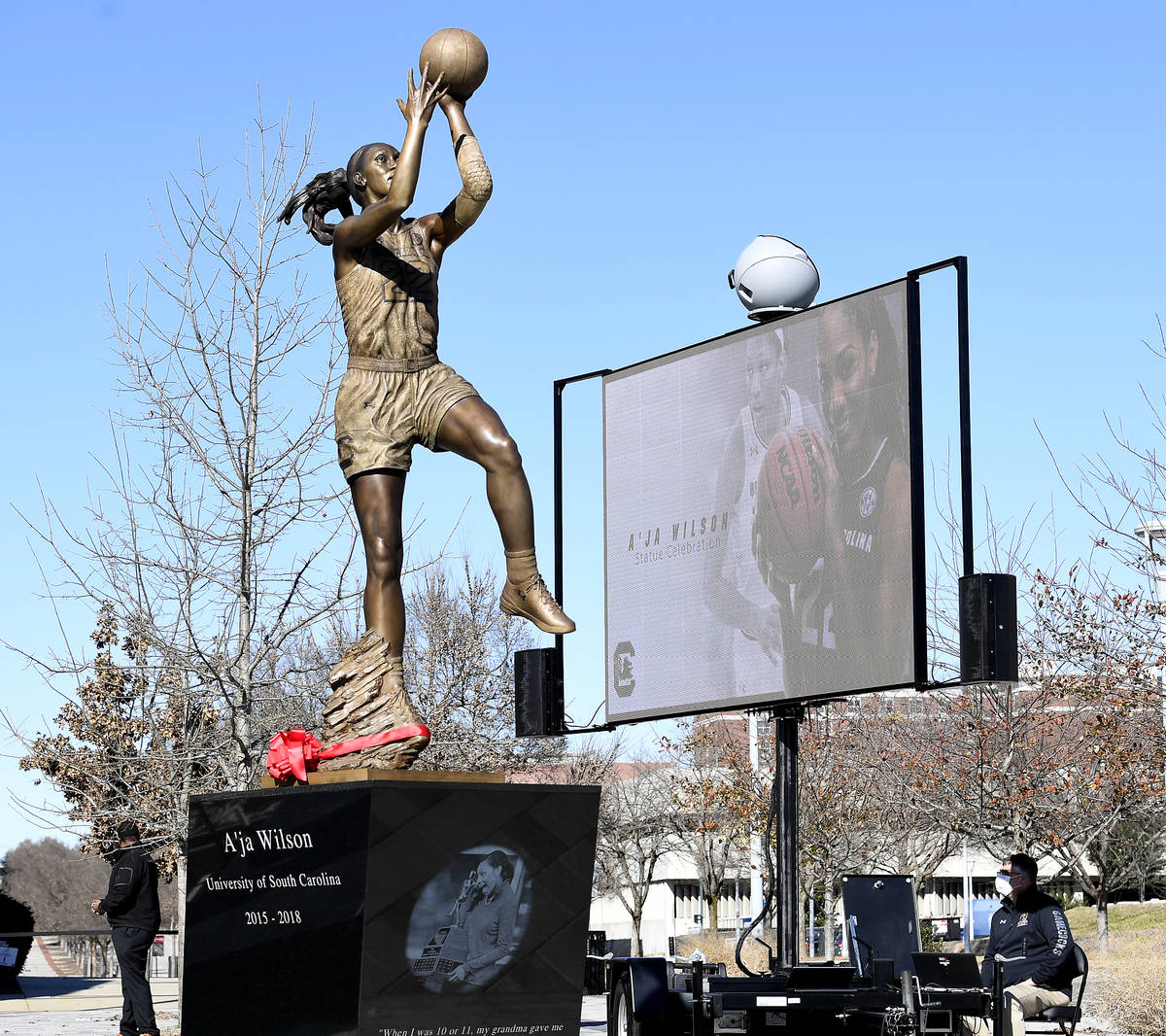 Aces star A’ja Wilson had a bronze sculpture of her unveiled in a ceremony Monday at South Ca ...