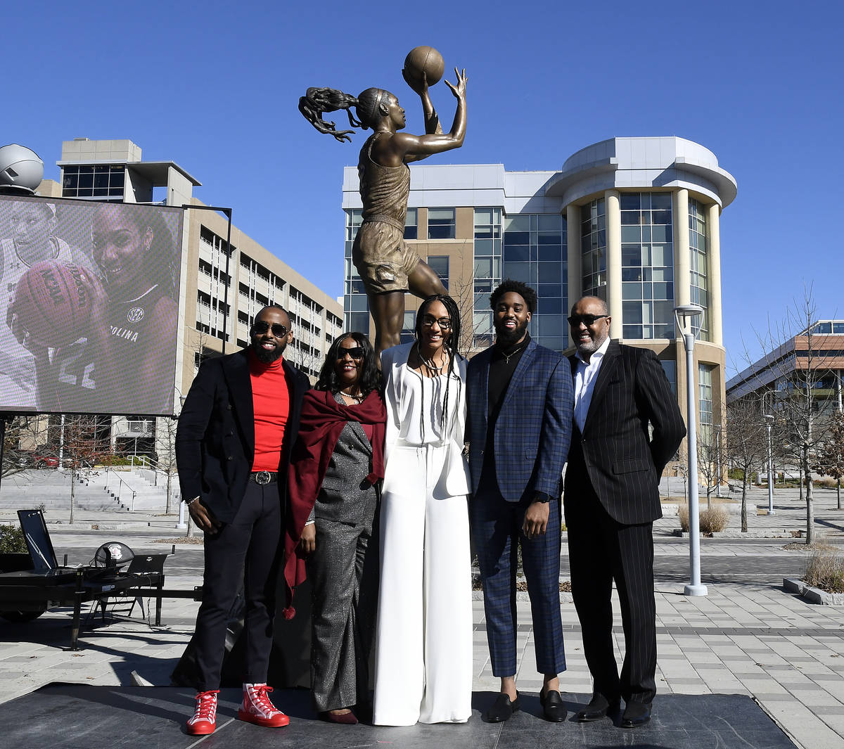 Aces star A’ja Wilson had a bronze sculpture of her unveiled in a ceremony Monday at South Ca ...