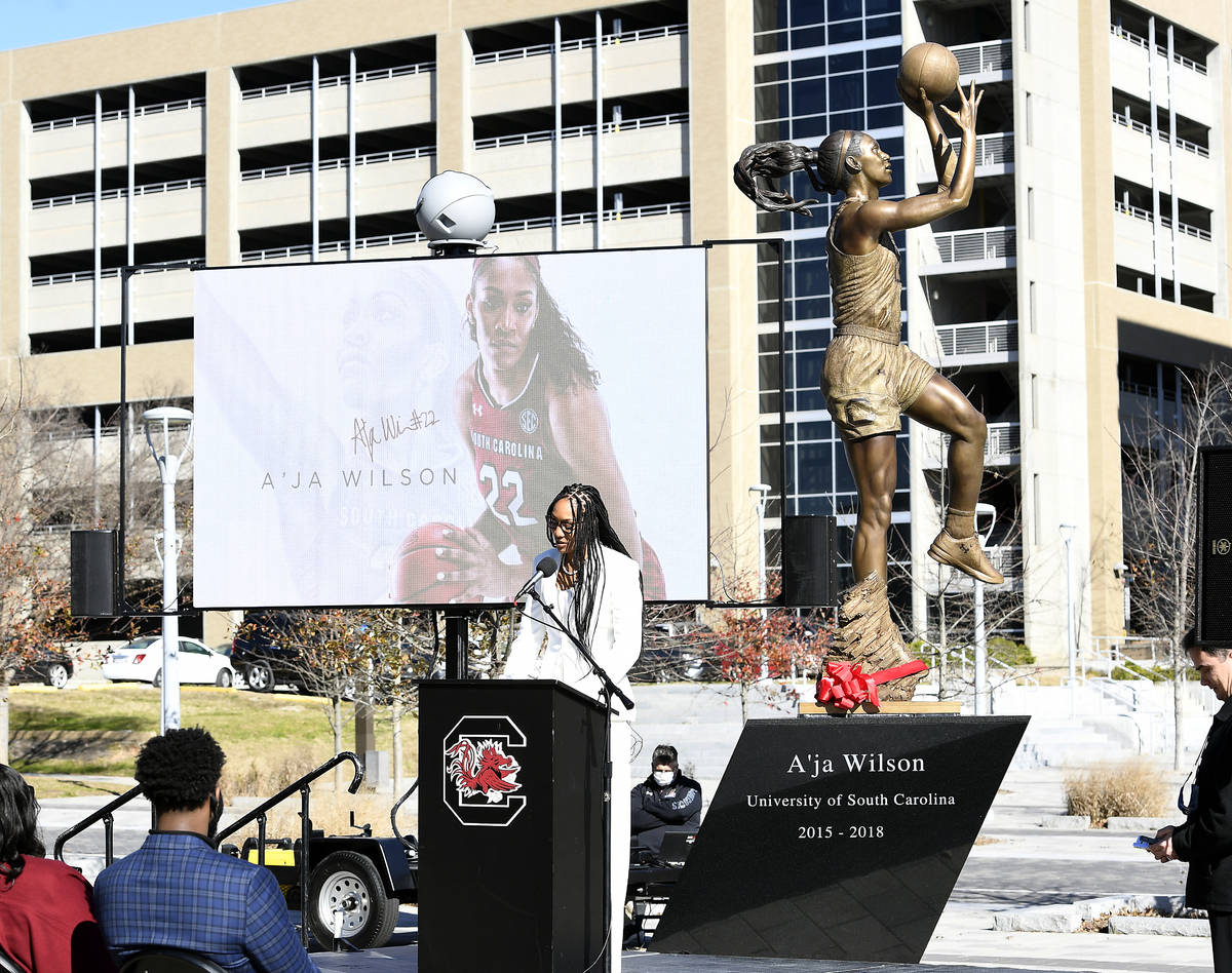 Aces star A’ja Wilson had a bronze sculpture of her unveiled in a ceremony Monday at South Ca ...