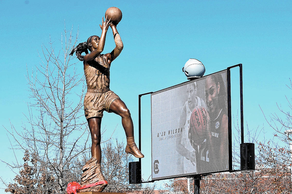 Aces star A’ja Wilson had a bronze sculpture of her unveiled in a ceremony Monday at South Ca ...