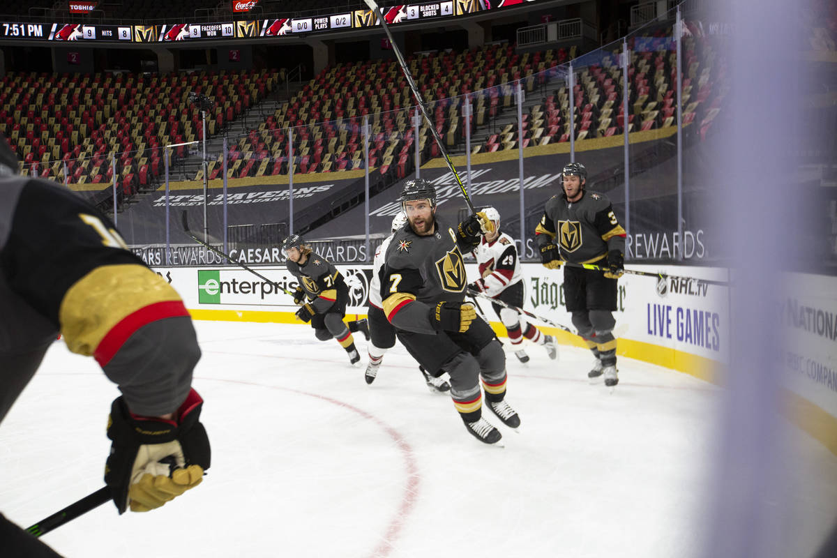 Golden Knights' defenseman Alex Pietrangelo (7) skates for the puck during their NHL hockey gam ...
