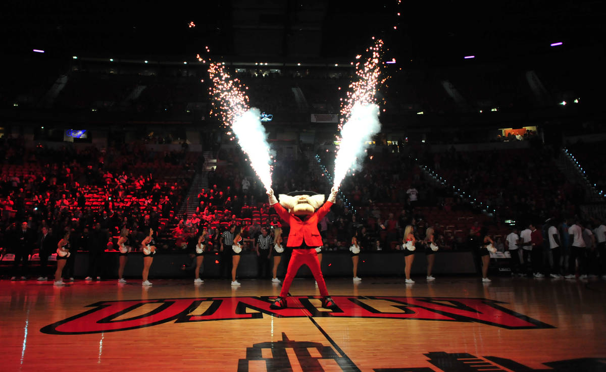 Hey Reb! shoots off fireworks before the UNLV Rebels and the New Mexico Lobos NCAA basketball g ...