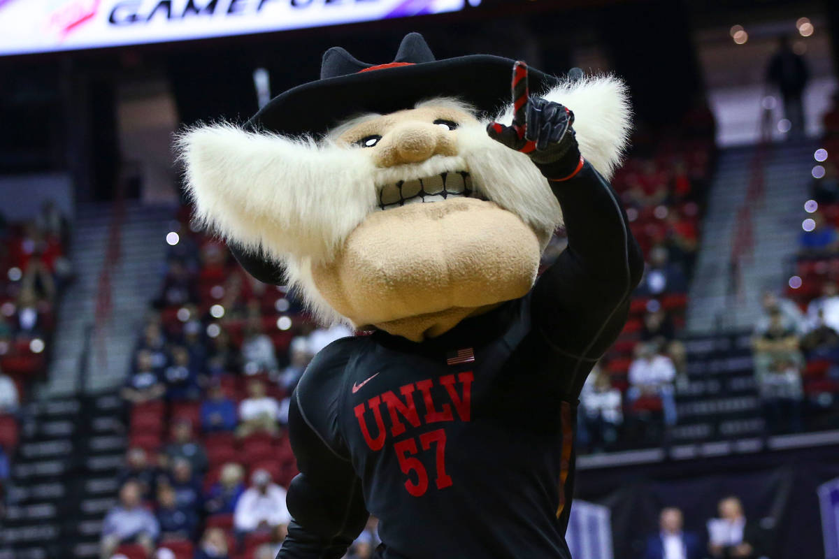 UNLV mascot Hey Reb! points to the crowd during the second half of a quarterfinal game against ...