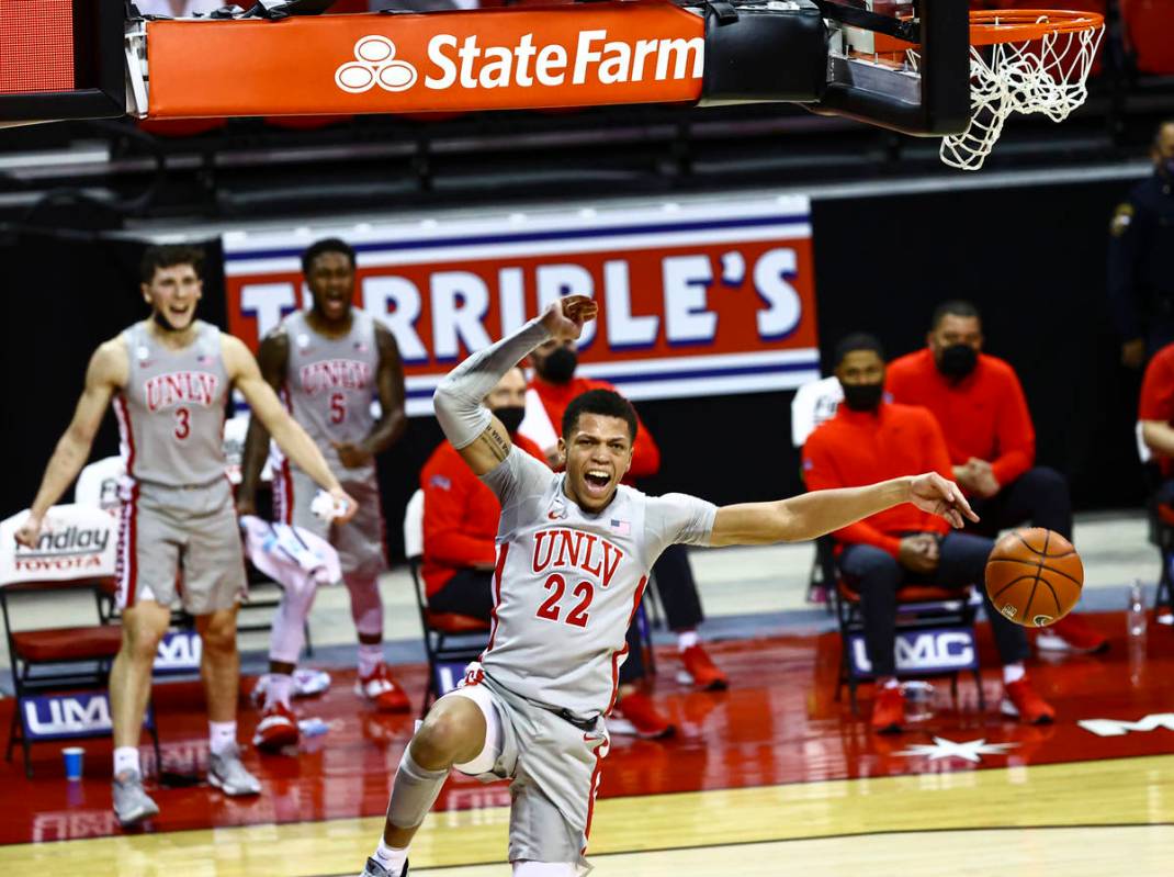 UNLV Rebels guard Nicquel Blake (22) dunks the ball against the Benedictine Mesa Redhawks durin ...