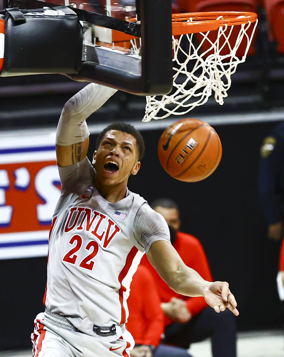 UNLV Rebels guard Nicquel Blake (22) dunks the ball against the Benedictine Mesa Redhawks durin ...