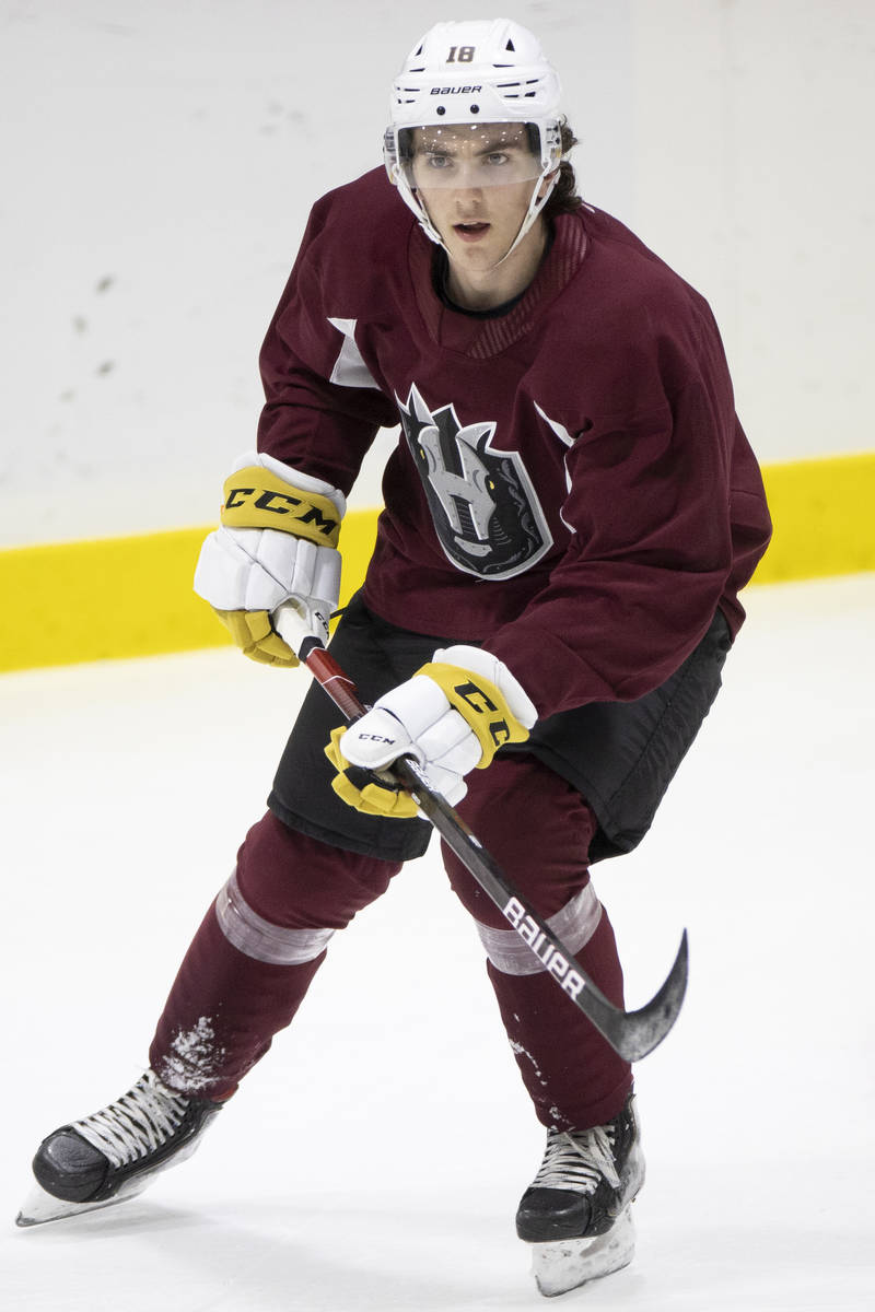 The Henderson Silver Knights Peyton Krebs (18) skates during a team practice at Lifeguard Arena ...