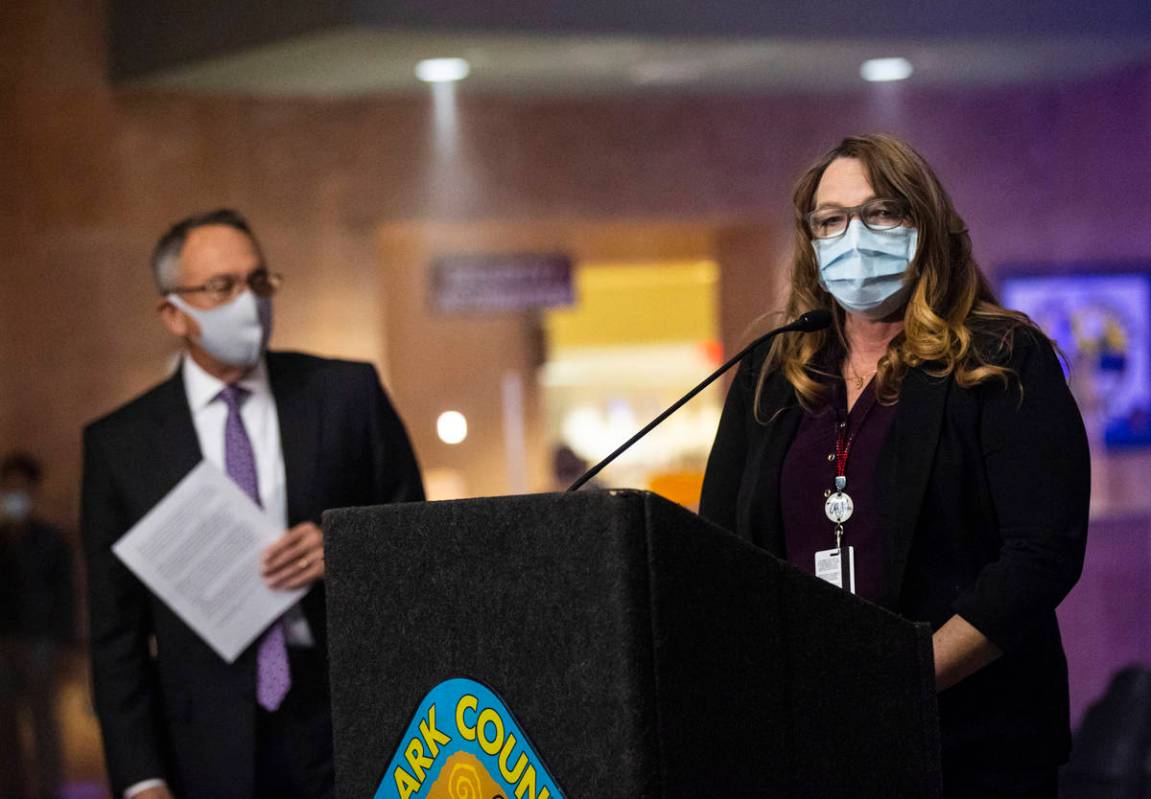 Clark County Commission Chairwoman Marilyn Kirkpatrick speaks before an illumination of 29 ligh ...