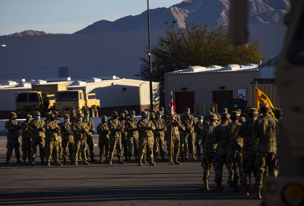 Members of the Nevada Army Guard on Thursday, Jan. 14, 2021, as they prepare to deploy to Washi ...