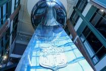 A giant replica of the Vince Lombardi Trophy is on display at Lambeau Field in Green Bay, Wis., ...