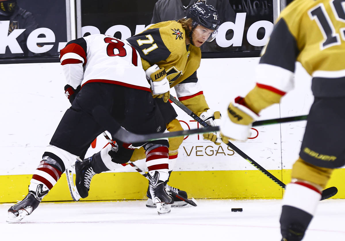 Golden Knights center William Karlsson (71) skates with the puck against Arizona Coyotes right ...