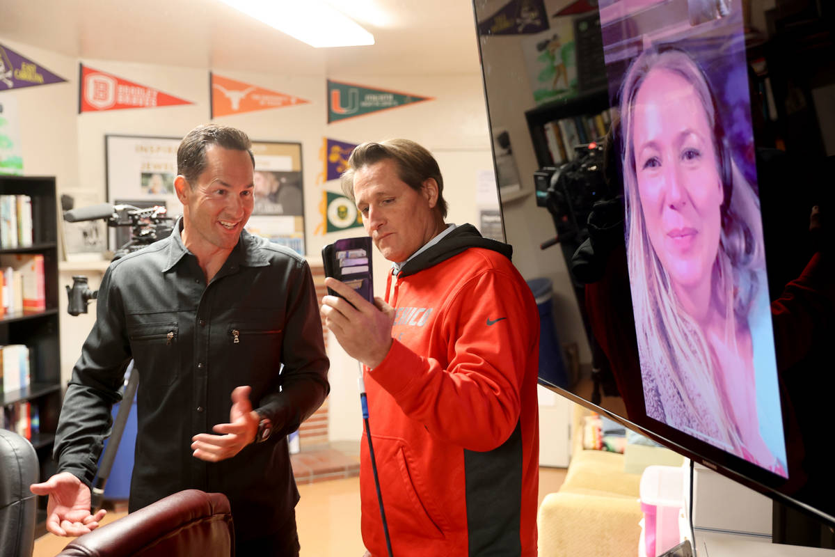 Kyle Kimoto, left, thanks singer Jewel on a video call, right, with foundation co-founder Ryan ...