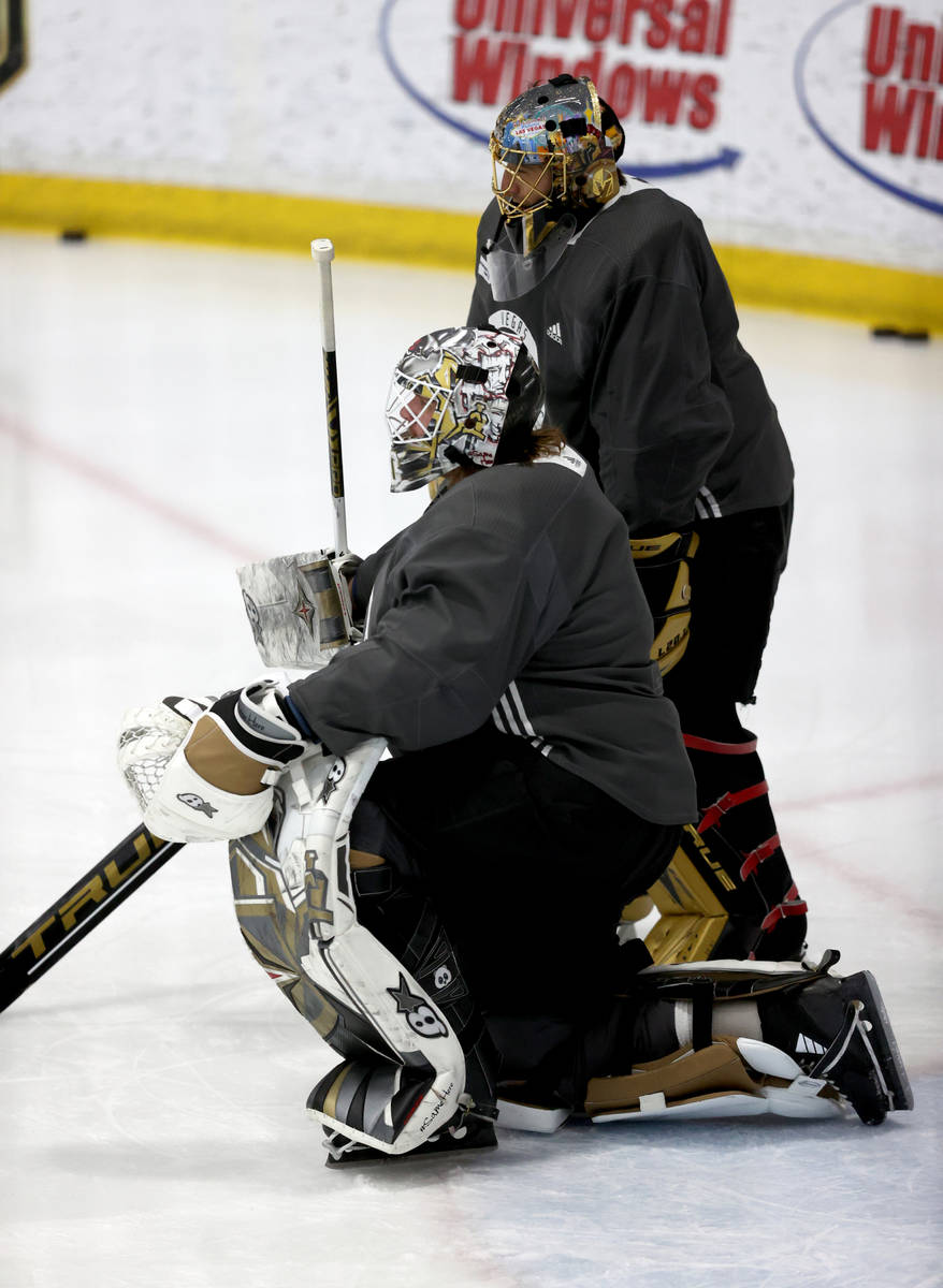 Golden Knights goaltenders Robin Lehner (90), left, and Marc-Andre Fleury (29) during training ...