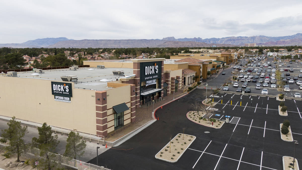 An aerial photo of Crossroads Commons, a Las Vegas strip mall at the southeast corner of Charle ...