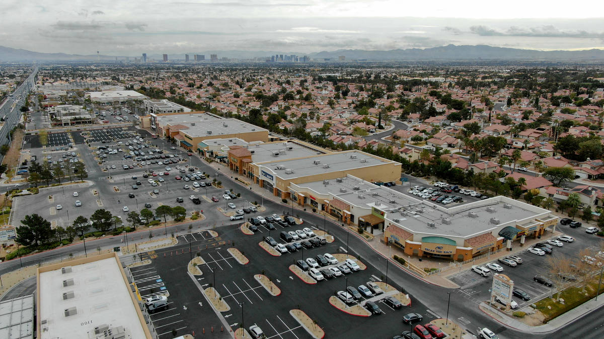 An aerial photo of Crossroads Commons, a Las Vegas strip mall at the southeast corner of Charle ...