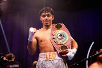 Angelo Leo poses for a photo after winning the WBO junior featherweight champion on Aug. 1, 202 ...