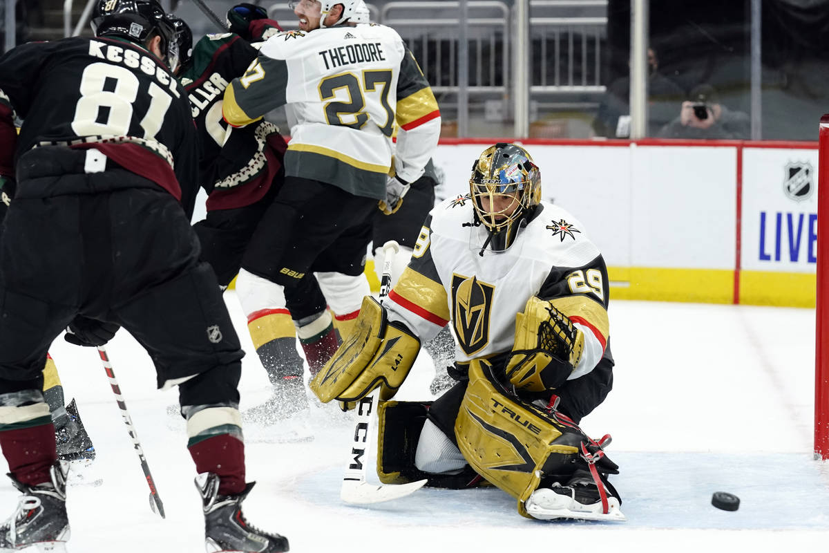 Vegas Golden Knights goaltender Marc-Andre Fleury makes the save on Vegas Arizona Coyotes right ...