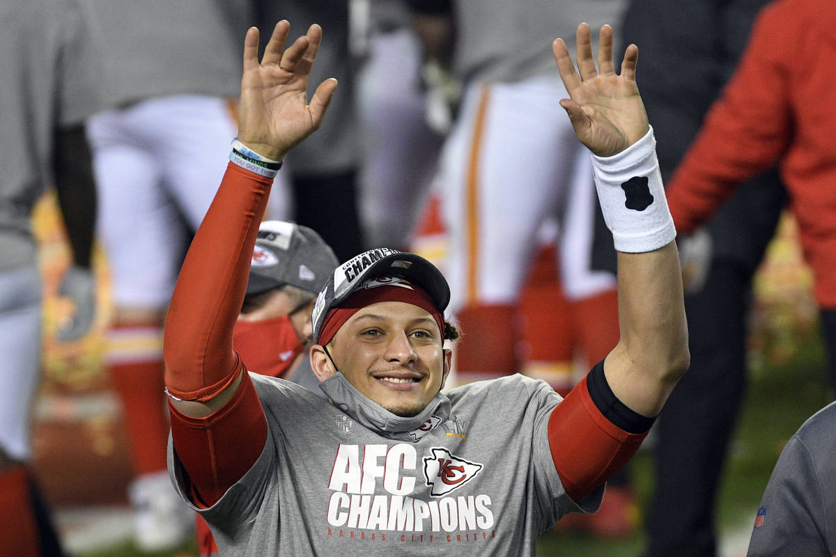 Kansas City Chiefs quarterback Patrick Mahomes celebrates after the AFC championship NFL footba ...