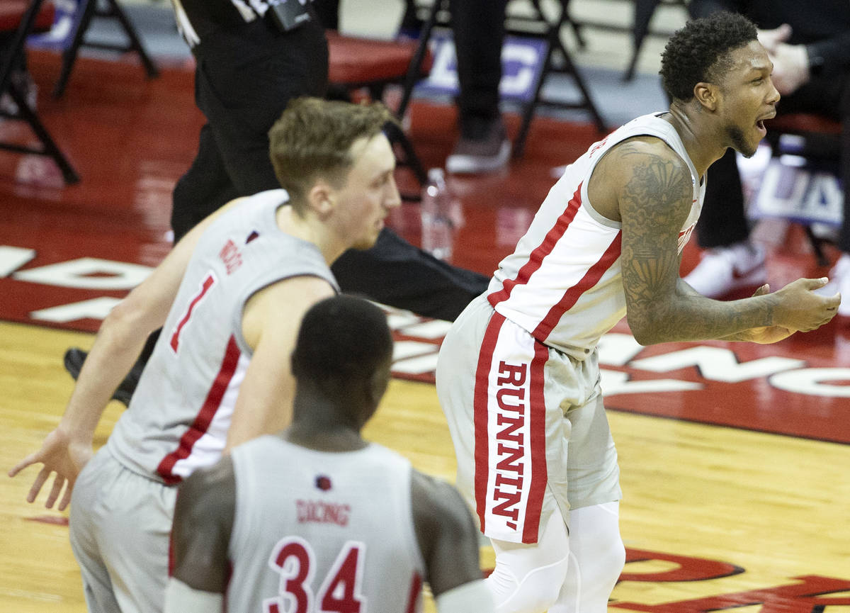 UNLV's guard David Jenkins Jr. (5) celebrates after scoring a point during the first half of a ...