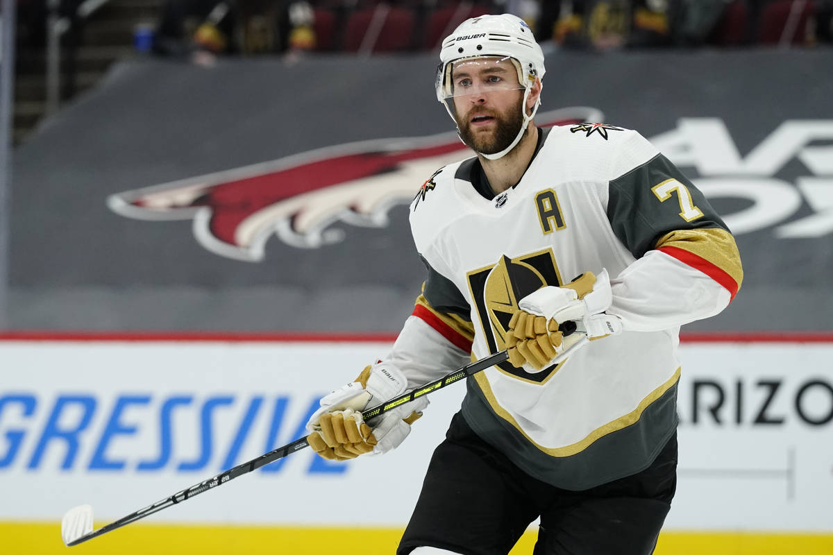 Vegas Golden Knights defenseman Alex Pietrangelo (7) in the first period during an NHL hockey g ...