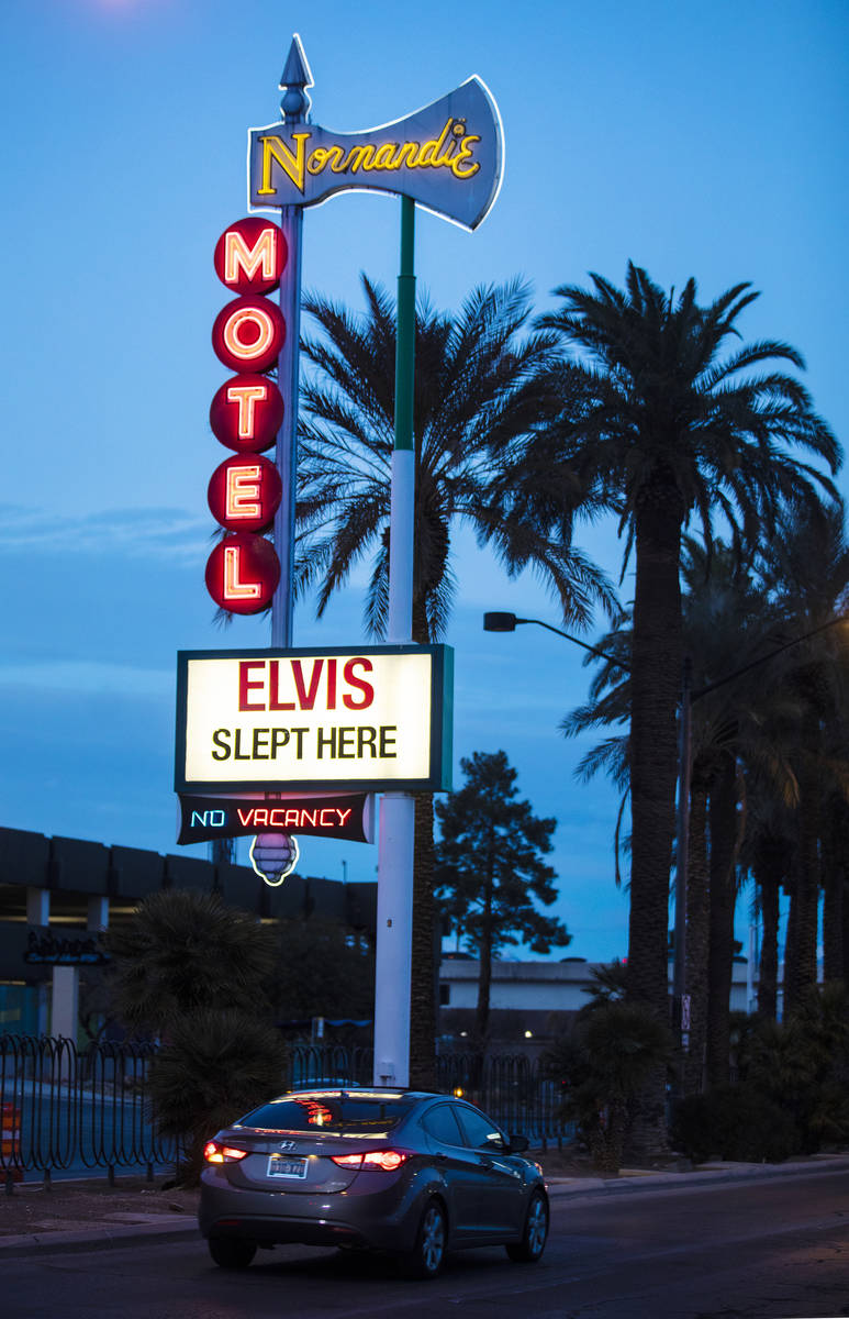 The restored neon sign for the The Normandie Motel on Las Vegas Boulevard in Las Vegas, Wednesd ...