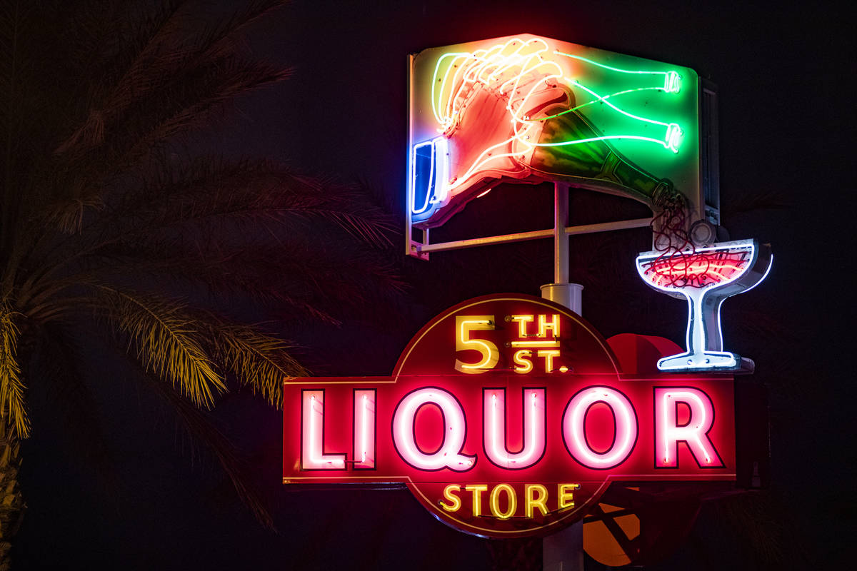 The restored neon sign for 5th Street Liquor Store on Casino Center in Downtown Las Vegas, Wedn ...