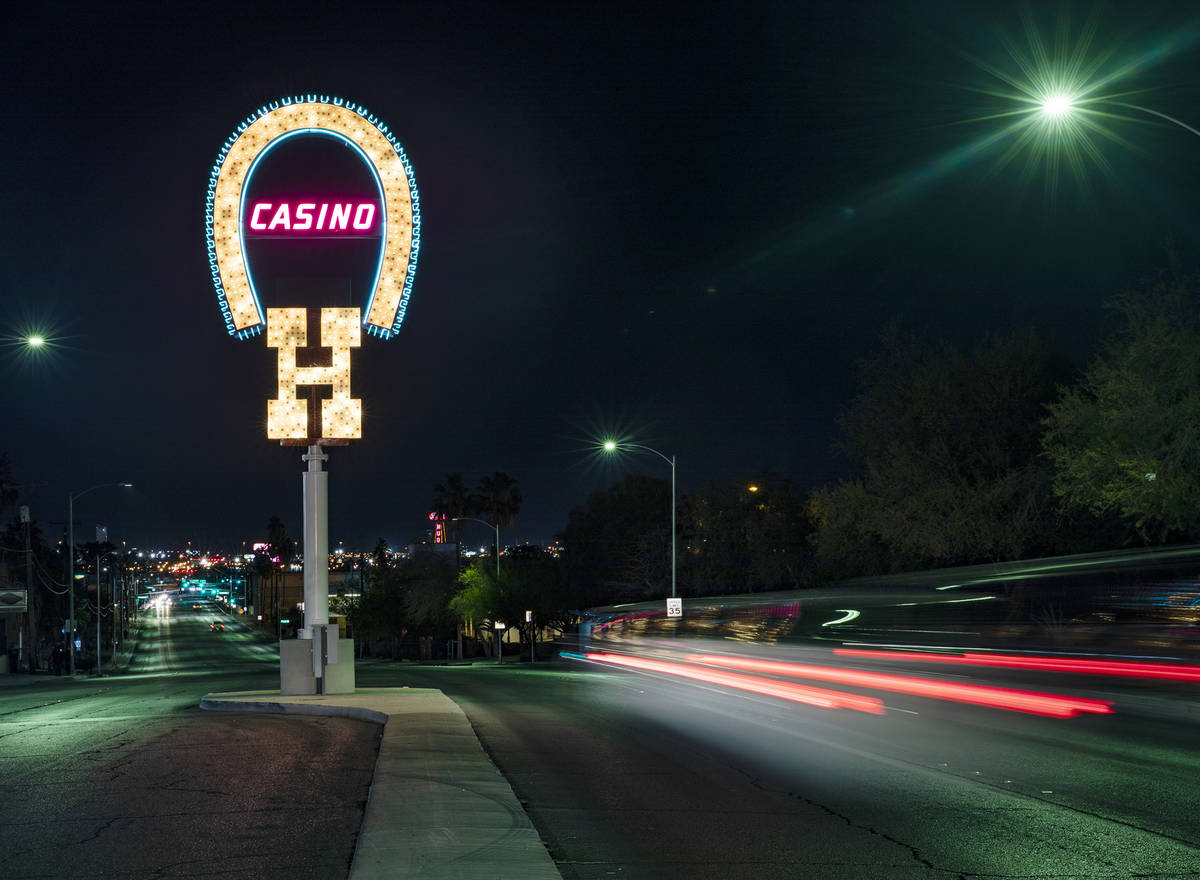 The restored neon sign for Benny BinionÕs Horseshoe Hotel and Casino on Las Vegas Boulevar ...