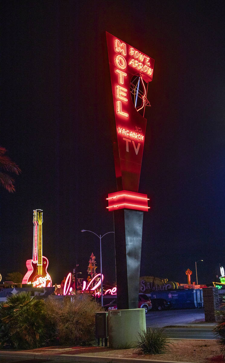 The restored neon sign from the Bow & Arrow Motel on Las Vegas Boulevard in Las Vegas, Thur ...