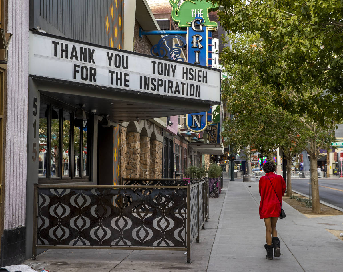 The marquee at Corduroy is dedicated to Tony Hsieh in downtown Las Vegas on Friday, Dec. 11, 20 ...